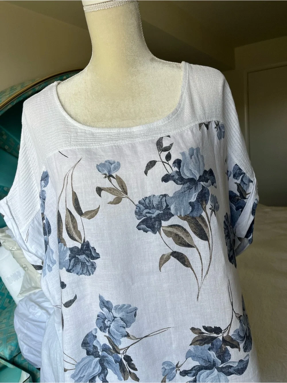 Lungo L’Ajno Linen Tunic Top 3X Blue Floral White Resort Beach Cover Up - Picture 4 of 9